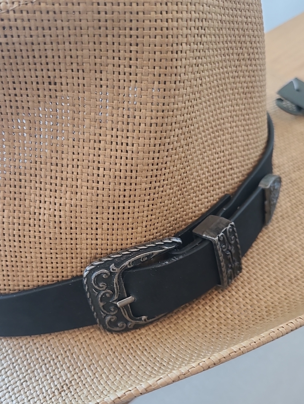 Frye Tan Straw Western Hat with Black Buckle Band - Picture 4 of 7